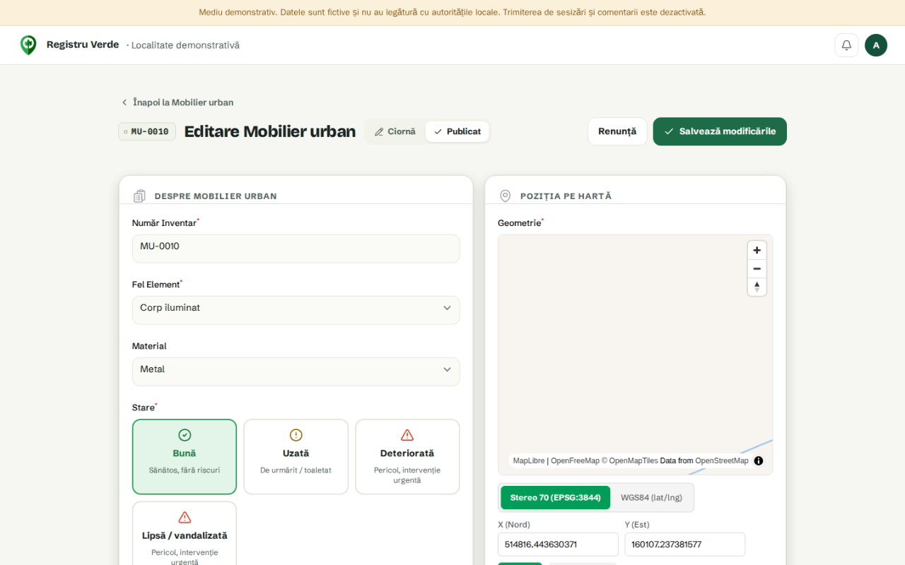 Formular de editare a unui element: stare, atribute și poziție pe hartă